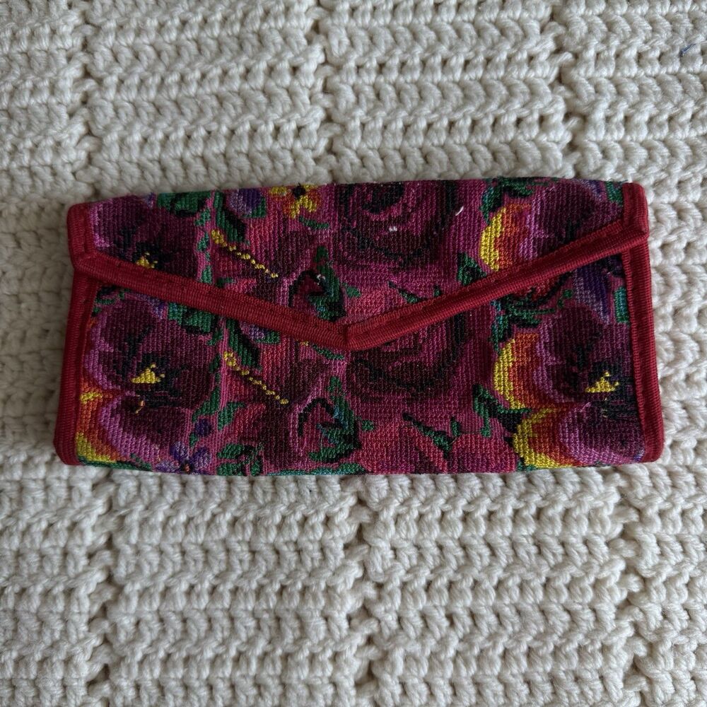 Embroidered Tapestry Floral Print Wallet With Red Trim, Suede, Zipper Pocket